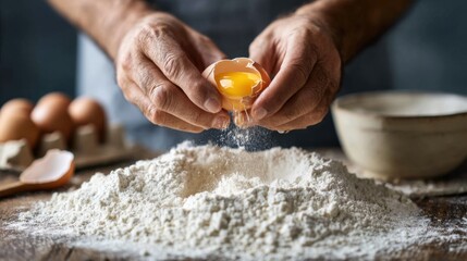 Baking Preparation: Cracking Egg into Flour Well