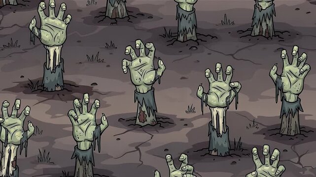 Cartoon zombie hands rise from cracked dark earth in a seamless repeating pattern