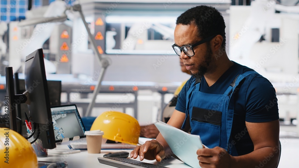 Poster black engineer implements automation logic in solar factory software, working on manufacturing solar