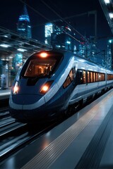 Fototapeta premium Futuristic high-speed train gliding through a vibrant cityscape with glowing digital elements, symbolizing speed and innovation.