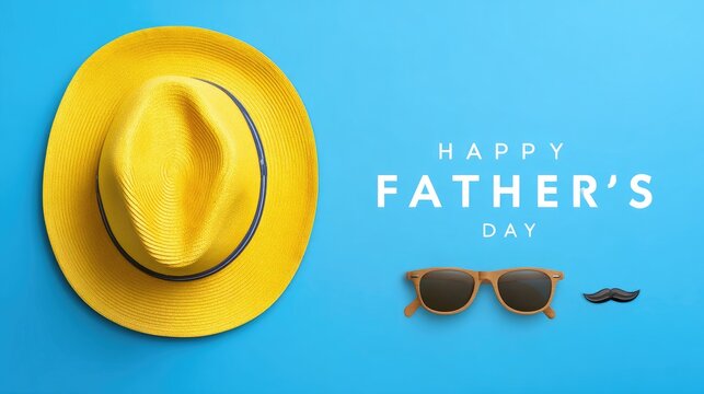 Yellow hat, sunglasses, and mustache on a light blue background for Father's Day.