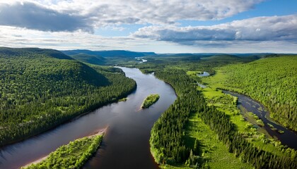 Obraz premium aerial view of the malbaie river surrounded by greenery in quebec canada