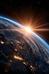 Stunning view of Earth at sunrise from space with glowing city lights and swirling clouds, ideal for science and technology themes.
