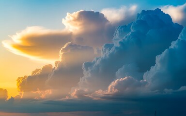 Dramatic Sky with Cumulus Clouds Bathed in Golden Light Displaying a Beautiful and Impressive Atmospheric Phenomenon at Sunset