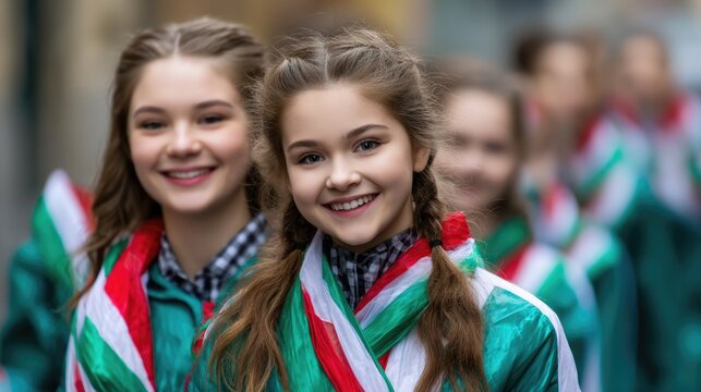 Smiling Hungarian girls celebrate national day with red white green flag sashes. Young people honor Saint Stephen's Day Constitution Foundation.