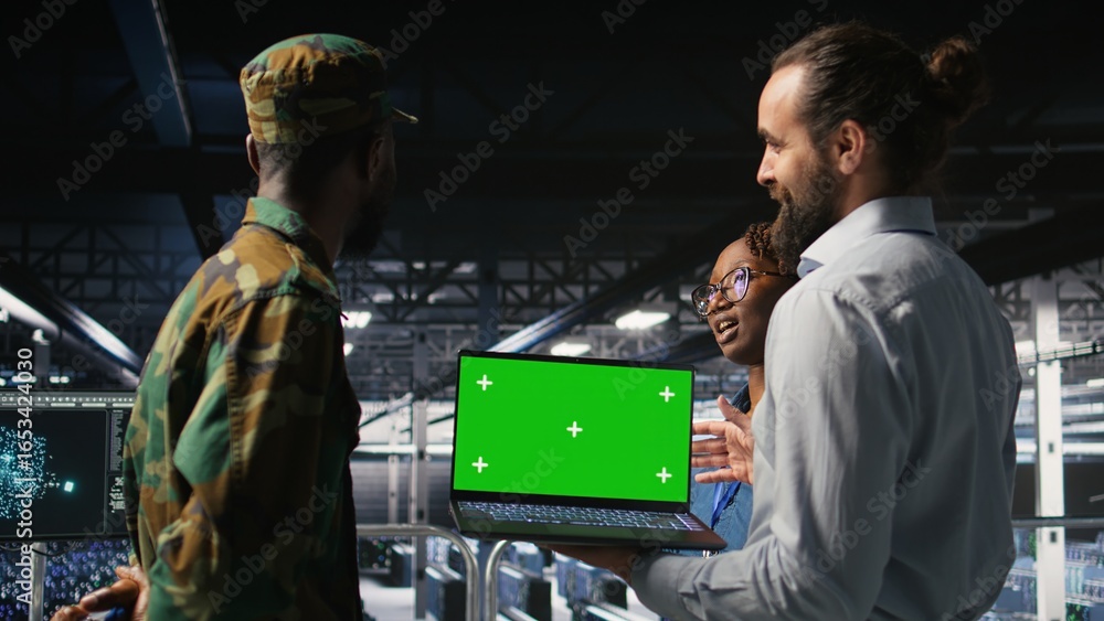 Poster military command center engineering team using chroma key notebook. army it expert and coworkers in 