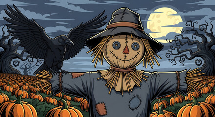 A whimsical illustration of a scarecrow in a pumpkin field with a crow under a full moon.