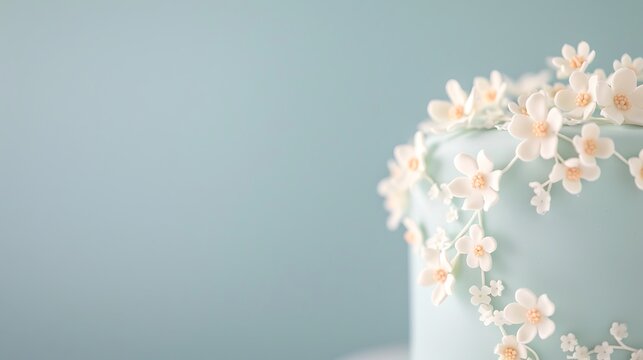 Elegant pastel floral cake decoration on soft blue background