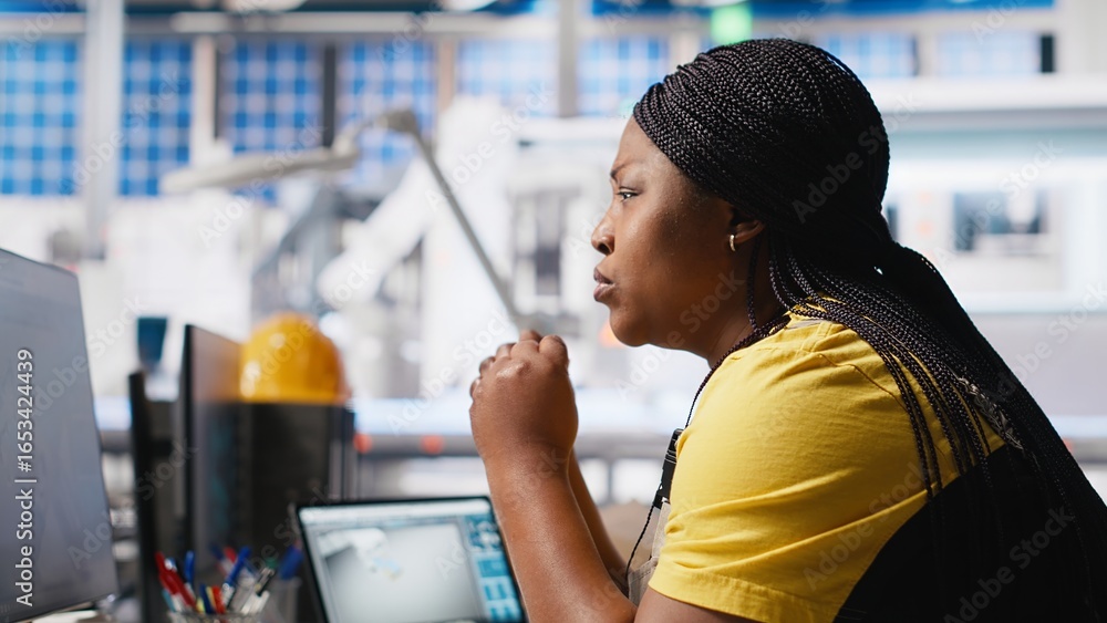 Aufkleber solar panel engineer reviews system designs on desktop computer, using high tech manufacturing equip