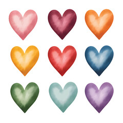 Watercolor heart collection of colorful designs, isolated on a clean white background. 