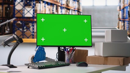 Empty storage room depot shows screen with copy space mockup, fulfillment center shipping cargo...