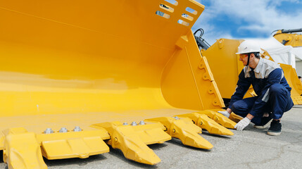 Male worker inspecting heavy mining equipment bulldozer in quarry under blue sky