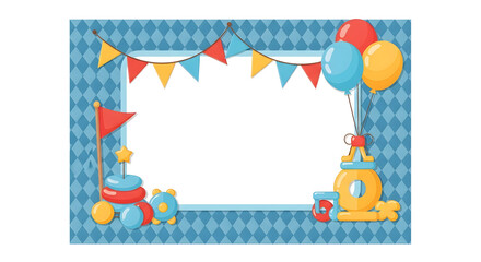 Template for Baby Shower greeting card or invitation. Hand drawn watercolor illustration with balloons, toys and garland in pastel blue and beige colors. Space for text. Drawing for newborn party.