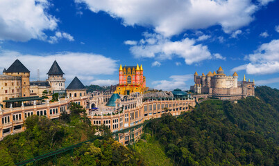 Scenic view of ba na hills architecture in Da nang, Vietnam under blue sky
