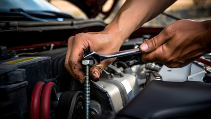 A Person's Hands Repairing a Car Engine with a Wrench and other Tools.
