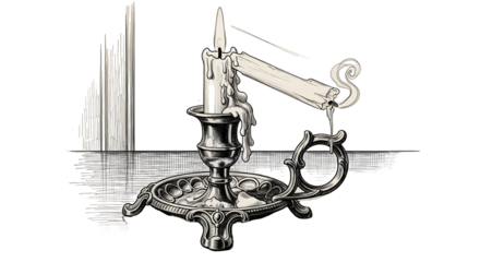 Candle Holder vector illustration. Vintage Candlestick. Old candleholder for painted by black inks in etching style. Drawing of antique lamp with candlelight for icon or logo. Vintage engraving.