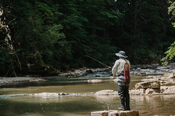 Fisherman casting line in pristine river, surrounded by lush forest