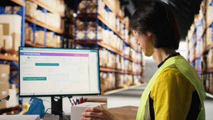 Industrial worker in hi vis vest placing shipping labels and scanning awb barcode for package...