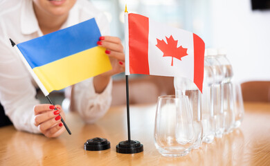 Unrecognizable woman preparing room for international negotiations and communication discussions of...