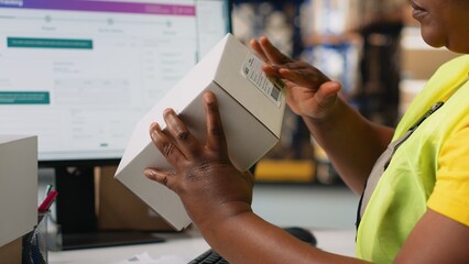 African american staff works on packages labeling for express delivery, ensuring accurate package tracking with a professional software. Worker processing orders in stock room. Camera B.