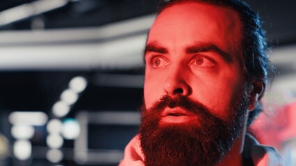 Close up of scared starship crew member responding to alien hostile presence critical alert....