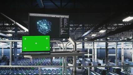 Server hub isolated screen laptop monitoring systems processing deep learning datasets for AI workflows. Mockup notebook tracking equipment supporting artificial intelligence model development