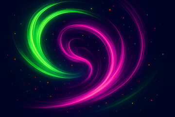 Abstract Neon Green and Pink Swirl with Glowing Light Trails and Colorful Dots