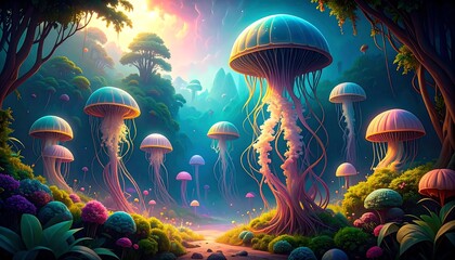 Colorful fantasy forest with giant jellyfish