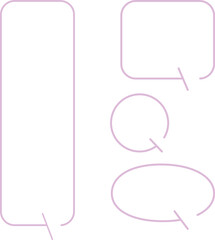 A set of simple speech bubbles for multiple images. Each of these shapes also has a gap in its outline. The square has a gap at the top right, with an arrow pointing downward. Pink color.