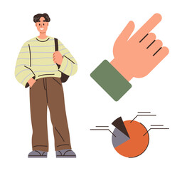 Casual young man carrying a bag, a pointing hand for direction or choice, and a pie chart showing data breakdown. Ideal for education, data analysis, decision-making, guidance, research, youth