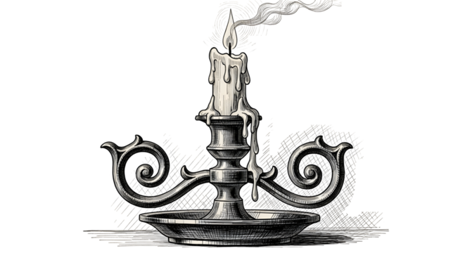 Candle Holder vector illustration. Vintage Candlestick. Old candleholder for painted by black inks in etching style. Drawing of antique lamp with candlelight for icon or logo. Vintage engraving.