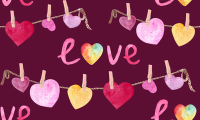 Heart garlands with clothespins on rope, love lettering. Seamless watercolor pattern on burgundy background. Perfect for Valentine Day, wedding, romantic wrapping paper, fabric, invitations