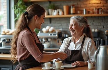 Young barista and elderly woman in cafe. Two waitresses, colleagues, talk happily behind coffee counter. Woman employs retired pensioner, startup small business, using tablet technology.