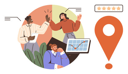 Team members interacting with collaboration, data analysis, high-fiving for success. Graph depicting growth trends. Rating stars and location marker highlight customer experience, goal setting. Ideal