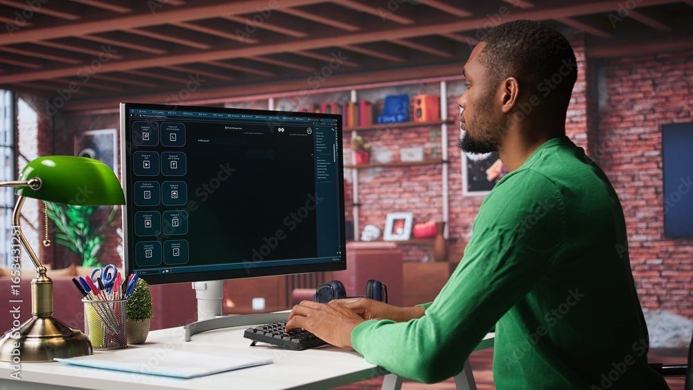 Poster black male freelancer at home uses ai chatbot for task completion, automation and machine learning. 