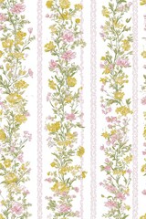 Floral wallpaper design featuring pink and yellow flowers on a white background