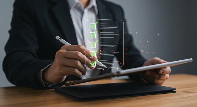 Digital Transformation Executive Finalizing Tasks on a Glowing Augmented Reality ToDo List. - Powered by Adobe