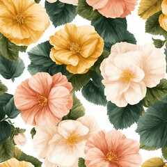 Colorful floral pattern featuring hibiscus and begonia flowers on a white background