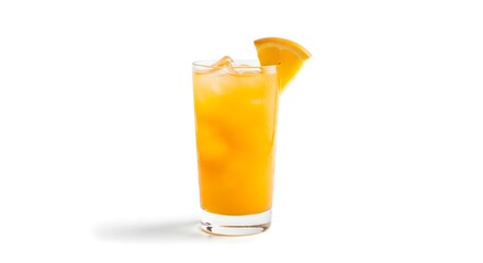 Refreshing orange juice cocktail in a tall glass with ice cubes, garnished with a slice of orange on a white background.
