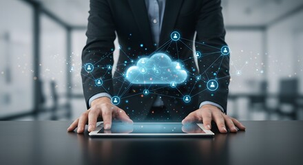 Cloud Computing Network Businessman Interacting with Digital Cloud and Connected User Icons on Tablet.