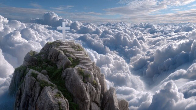 Sacred mountain peak with a luminous cross at the summit, ascending stone steps through soft white clouds under a serene blue sky, symbolizing faith and spiritual journey.