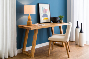 Modern entryway console table with chair and lamp