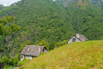 quaint rustic stone houses surrounded by lush greenery against a backdrop of rolling hills,...