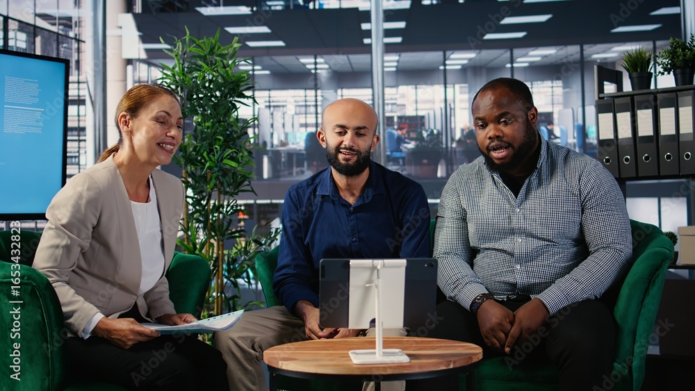 Aufkleber corporate web video conference with diverse participants focused on goal oriented business growth, r