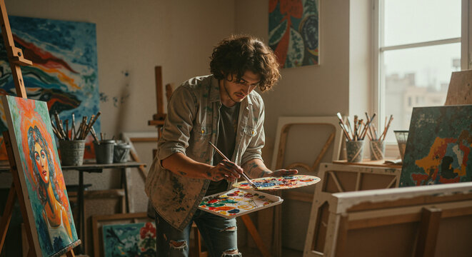 Young man painting on canvas in art studio with colorful artworks  
