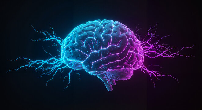 Neon brain with electric sparks on dark background  