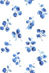 Blueberry pattern with watercolor style on a white background for textile design