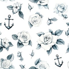 Floral pattern featuring roses and anchors in a classic design on a white background