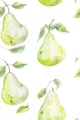 Colorful illustrations of pears with leaves on a white background in a playful design
