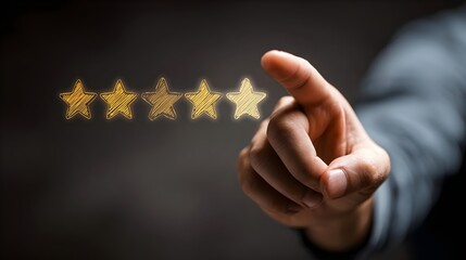 Hand pointing to five star review rating, customer gives positive feedback
